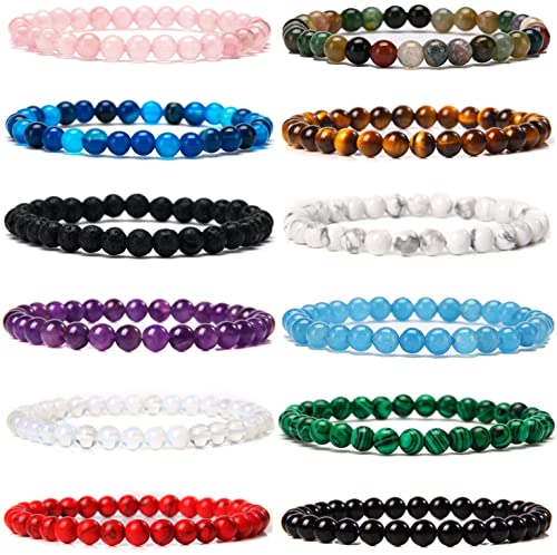 Jewdreamer 12PCS 6mm Gemstones Bracelets for Women Semi Precious Healing Crystal Stone Stretch Round Beaded Bracelet Handmade Energy Bracelets adjustable