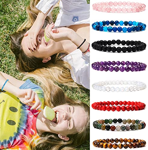 Jewdreamer 12PCS 6mm Gemstones Bracelets for Women Semi Precious Healing Crystal Stone Stretch Round Beaded Bracelet Handmade Energy Bracelets adjustable