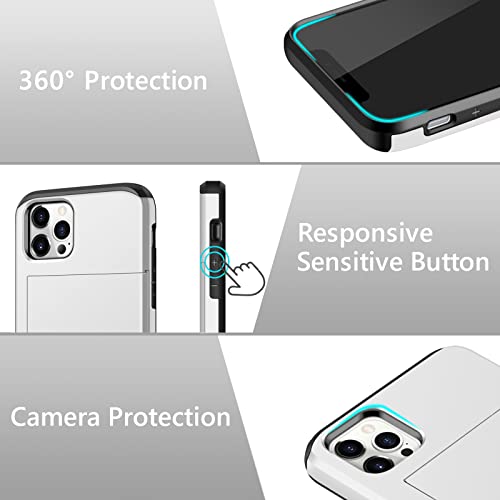 SAMONPOW Compatible with iPhone 13 Pro Case with Card Holder Wallet Dual Layer Hybrid Case Heavy Duty Protection Shockproof Anti Scratch Soft Rubber Bumper Case for iPhone 13 Pro 6.1 inch White