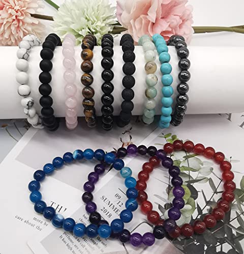 MOZAKA 12Pcs Gorgeous Semi-Precious Gemstones Round Beads Energy Power Crystal Reiki Healing Elastic Stretch Bracelet for Women Men Gifts