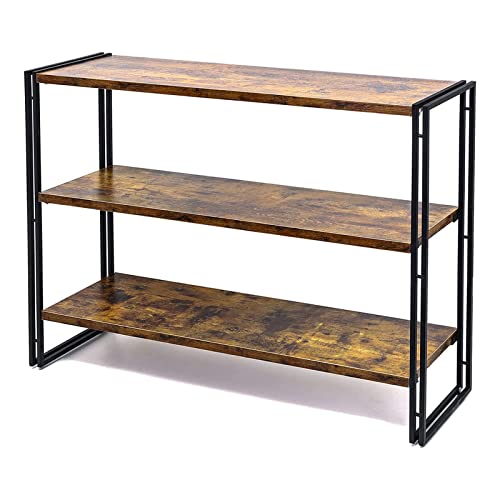 Bookshelf,3-Tier Open Bookcase,Rustic Wood and Metal Industrial Display Book Shelves Home Office,Bedroom Standing Shelf Unit,Horizontal Kitchen Shelf Organizer,Bathroom Storage Rack Mid Century 40in