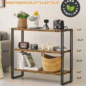 Bookshelf,3-Tier Open Bookcase,Rustic Wood and Metal Industrial Display Book Shelves Home Office,Bedroom Standing Shelf Unit,Horizontal Kitchen Shelf Organizer,Bathroom Storage Rack Mid Century 40in