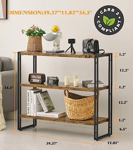 Bookshelf,3-Tier Open Bookcase,Rustic Wood and Metal Industrial Display Book Shelves Home Office,Bedroom Standing Shelf Unit,Horizontal Kitchen Shelf Organizer,Bathroom Storage Rack Mid Century 40in