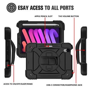 SUPNICE iPad Mini 6 Case (8.3 inch 2021 Release), iPad Mini 6th Generation Case, Shockproof Rugged Kids Case with [360 Rotating Stand] [2nd Pencil Holder] [Hand Strap] for iPad Mini 6th Gen 8.3-Black