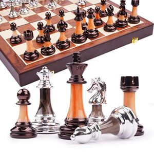 15" metal chess sets for adults kids with zinc alloy + acrylic chess pieces & portable folding wooden chess board travel chess set board game gift – metal staunton chess pieces, & storage box