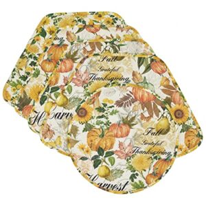 Sweet Pea Linens Quilted Bright Fall, Harvest, Sunflower and Pumpkin, Wedge-Shaped Placemats - Set of Four Plus Center Round-Charger