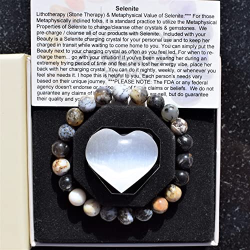 Zenergy Gems Charged Premium Natural Dendritic Opal Crystal 8mm Bead Bracelet + Moroccan Selenite Charging Crystal [Included]