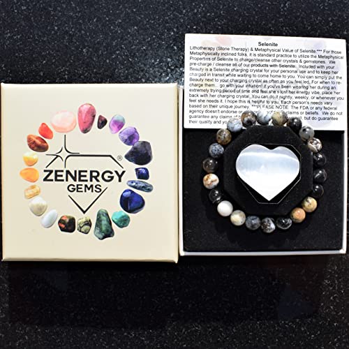 Zenergy Gems Charged Premium Natural Dendritic Opal Crystal 8mm Bead Bracelet + Moroccan Selenite Charging Crystal [Included]