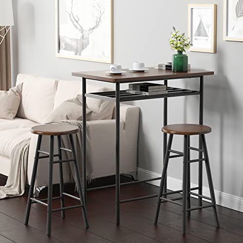 soges Bar Table with 2 Bar Stools, Pub Dining Height Table Set, Kitchen Counter Dinette Set, Bistro Table Set for Kitchen Living Room, Bar Table Chairs Set with Storage Rack