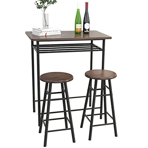 soges Bar Table with 2 Bar Stools, Pub Dining Height Table Set, Kitchen Counter Dinette Set, Bistro Table Set for Kitchen Living Room, Bar Table Chairs Set with Storage Rack