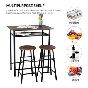 soges Bar Table with 2 Bar Stools, Pub Dining Height Table Set, Kitchen Counter Dinette Set, Bistro Table Set for Kitchen Living Room, Bar Table Chairs Set with Storage Rack