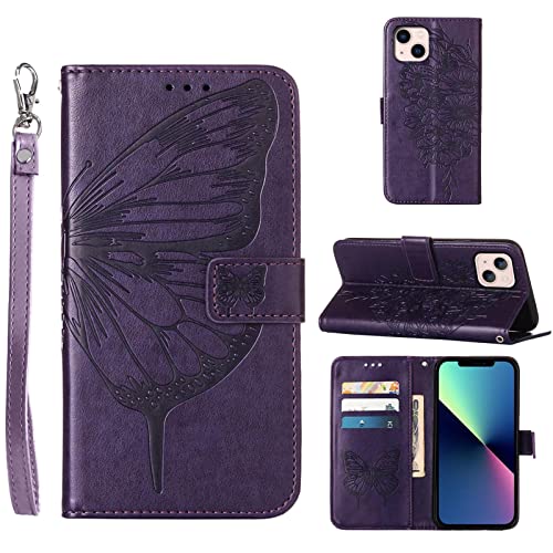 Moment Dextrad for iPhone 14 Wallet Case 2022,for iPhone 13 Wallet Case,[Kickstand][Wrist Strap][Card Holder Slots] Butterfly Floral Embossed PU Leather Flip Cover for iPhone 14/13 6.1 inch (Purple)