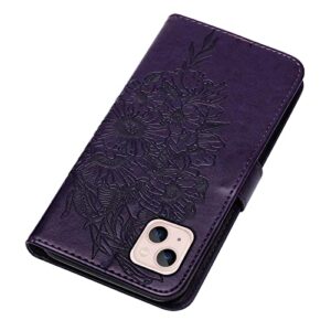 Moment Dextrad for iPhone 14 Wallet Case 2022,for iPhone 13 Wallet Case,[Kickstand][Wrist Strap][Card Holder Slots] Butterfly Floral Embossed PU Leather Flip Cover for iPhone 14/13 6.1 inch (Purple)