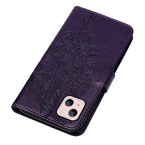 Moment Dextrad for iPhone 14 Wallet Case 2022,for iPhone 13 Wallet Case,[Kickstand][Wrist Strap][Card Holder Slots] Butterfly Floral Embossed PU Leather Flip Cover for iPhone 14/13 6.1 inch (Purple)