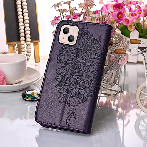 Moment Dextrad for iPhone 14 Wallet Case 2022,for iPhone 13 Wallet Case,[Kickstand][Wrist Strap][Card Holder Slots] Butterfly Floral Embossed PU Leather Flip Cover for iPhone 14/13 6.1 inch (Purple)