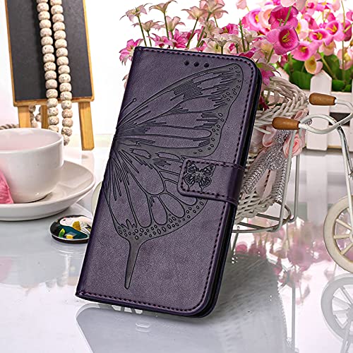 Moment Dextrad for iPhone 14 Wallet Case 2022,for iPhone 13 Wallet Case,[Kickstand][Wrist Strap][Card Holder Slots] Butterfly Floral Embossed PU Leather Flip Cover for iPhone 14/13 6.1 inch (Purple)