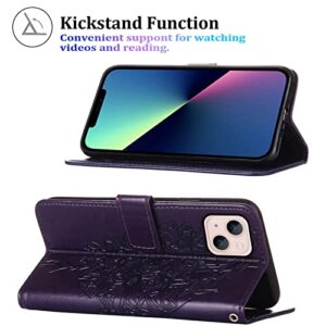 Moment Dextrad for iPhone 14 Wallet Case 2022,for iPhone 13 Wallet Case,[Kickstand][Wrist Strap][Card Holder Slots] Butterfly Floral Embossed PU Leather Flip Cover for iPhone 14/13 6.1 inch (Purple)