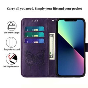 Moment Dextrad for iPhone 14 Wallet Case 2022,for iPhone 13 Wallet Case,[Kickstand][Wrist Strap][Card Holder Slots] Butterfly Floral Embossed PU Leather Flip Cover for iPhone 14/13 6.1 inch (Purple)