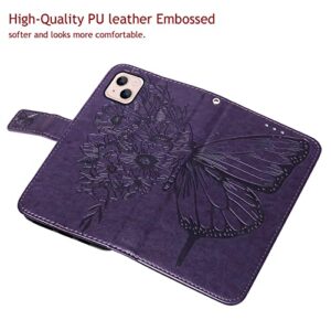 Moment Dextrad for iPhone 14 Wallet Case 2022,for iPhone 13 Wallet Case,[Kickstand][Wrist Strap][Card Holder Slots] Butterfly Floral Embossed PU Leather Flip Cover for iPhone 14/13 6.1 inch (Purple)