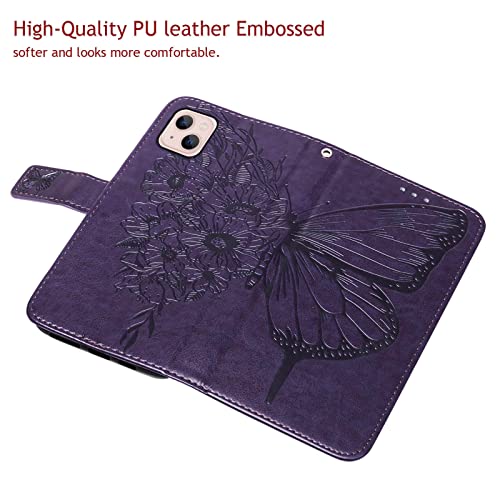 Moment Dextrad for iPhone 14 Wallet Case 2022,for iPhone 13 Wallet Case,[Kickstand][Wrist Strap][Card Holder Slots] Butterfly Floral Embossed PU Leather Flip Cover for iPhone 14/13 6.1 inch (Purple)