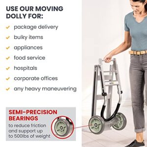 HaulPro Fully Assembled Foldable Hand Truck with 8" Mold-On Rubber Wheels – Horizontal Loop Handle. 500 Lb. Capacity Dolly for Travel, Moving and Office Use | 14 X 7.5 Extruded Aluminum Nose Plate