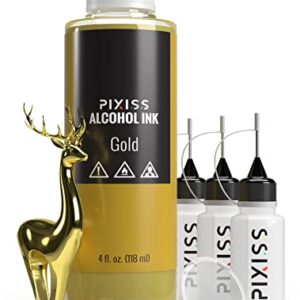 Gold Alcohol Ink for Resin - Metallic Alcohol Ink Gold Color 4-Ounce for Epoxy Resin, Tumblers, Resin Art, Alcohol Ink Paper, Gold Pigment Ink, 3 Pixiss Needle Tip Applicator Bottles and Funnel