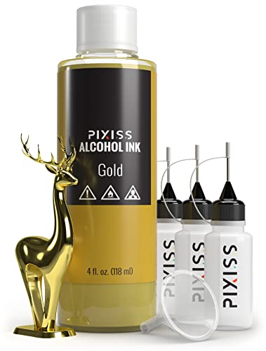 Gold Alcohol Ink for Resin - Metallic Alcohol Ink Gold Color 4-Ounce for Epoxy Resin, Tumblers, Resin Art, Alcohol Ink Paper, Gold Pigment Ink, 3 Pixiss Needle Tip Applicator Bottles and Funnel