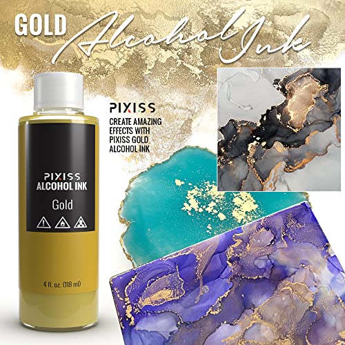 Gold Alcohol Ink for Resin - Metallic Alcohol Ink Gold Color 4-Ounce for Epoxy Resin, Tumblers, Resin Art, Alcohol Ink Paper, Gold Pigment Ink, 3 Pixiss Needle Tip Applicator Bottles and Funnel