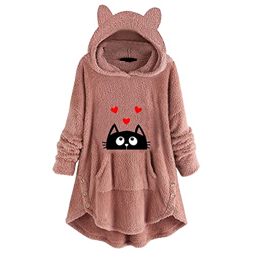 WOSHUAI Onesie Pajamas for Women, Warm & Soft Fleece Short Cat Ear Hooded Pjs Turtleneck One-Piece Cartoon Graphic Tees Romper, WOSHUAI, E#pink, Small