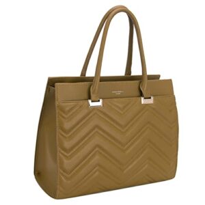 DAVID JONES Paris Women Fashion Chevron Design Satchel Handbag Work Travel Tote Bag with Crossbody (Khaki)