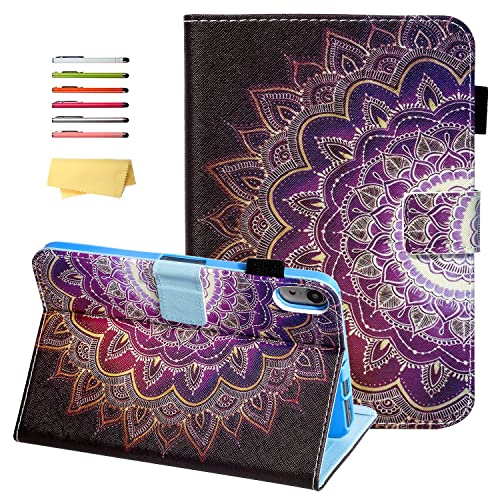 UUcovers iPad Mini 6 Case 2021 with Pencil Holder [Auto Wake/Sleep] Magnetic Smart PU Leather Folio Stand Wallet Soft TPU Shockproof Cover for Apple iPad Mini 6th Gen (8.3"), Purple Mandala Flower