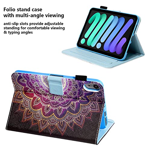 UUcovers iPad Mini 6 Case 2021 with Pencil Holder [Auto Wake/Sleep] Magnetic Smart PU Leather Folio Stand Wallet Soft TPU Shockproof Cover for Apple iPad Mini 6th Gen (8.3"), Purple Mandala Flower