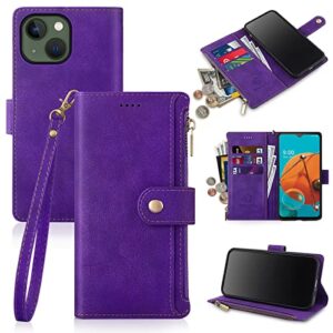 antsturdy for iphone 13 (6.1") zipper wallet case,luxury pu leather with handbag wrist strap folio flip cover [rfid blocking] credit card slot card holder [kickstand function] women purple