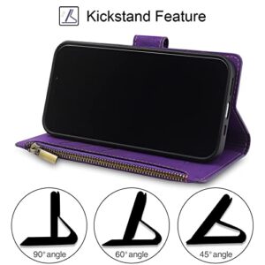 Antsturdy for iPhone 13 (6.1") Zipper Wallet Case,Luxury PU Leather with Handbag Wrist Strap Folio Flip Cover [RFID Blocking] Credit Card Slot Card Holder [Kickstand Function] Women Purple