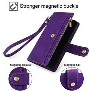 Antsturdy for iPhone 13 (6.1") Zipper Wallet Case,Luxury PU Leather with Handbag Wrist Strap Folio Flip Cover [RFID Blocking] Credit Card Slot Card Holder [Kickstand Function] Women Purple