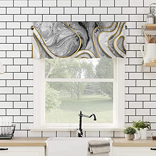 Savannan Window Curtains Valances, Marble Texture Line Black Gold White Rod Pocket Cafe Valance Short Curtains for Kitchen, Bedroom, Living Room, 1 Panel, 54X18