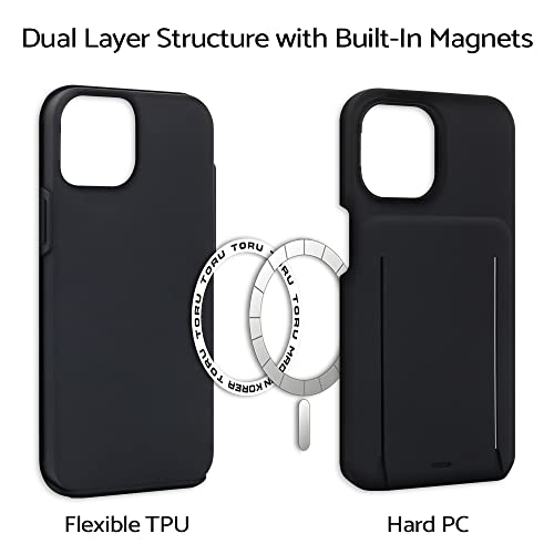 TORU MX PRO for iPhone 13 Case with Card Holder | Slim Protective Cover with Built-in Magnets for MagSafe Compatible | Detachable Sliding Wallet for 3 Cards - Black