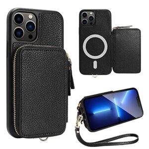 zve wallet case for iphone 13 pro 6.1 inch, magsafe zipper leather rfid blocking cards holder slots case with magnetic wireless charging, protective cover for iphone 13 pro 6.1” (2021) - black