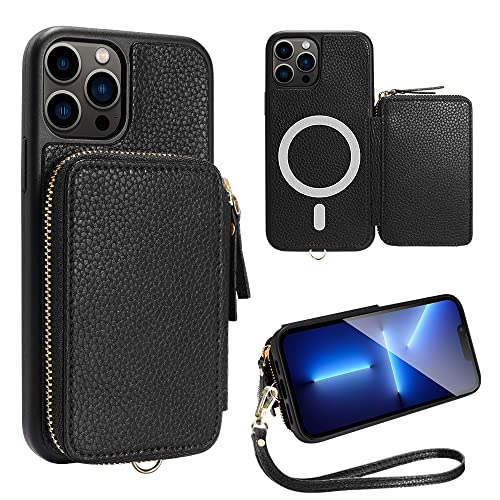 ZVE Wallet Case for iPhone 13 Pro 6.1 inch, Magsafe Zipper Leather RFID Blocking Cards Holder Slots Case with Magnetic Wireless Charging, Protective Cover for iPhone 13 Pro 6.1” (2021) - Black