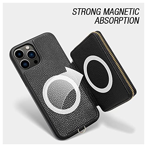 ZVE Wallet Case for iPhone 13 Pro 6.1 inch, Magsafe Zipper Leather RFID Blocking Cards Holder Slots Case with Magnetic Wireless Charging, Protective Cover for iPhone 13 Pro 6.1” (2021) - Black