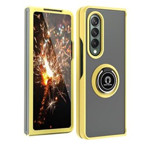 tjs compatible with samsung galaxy z fold 3 5g case, impact resistant bumper 360 degree rotating metal ring holder drop protective phone case cover (yellow)