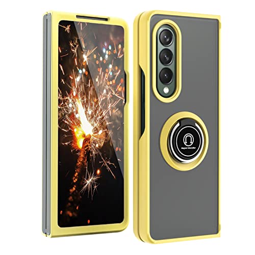 TJS Compatible with Samsung Galaxy Z Fold 3 5G Case, Impact Resistant Bumper 360 Degree Rotating Metal Ring Holder Drop Protective Phone Case Cover (Yellow)