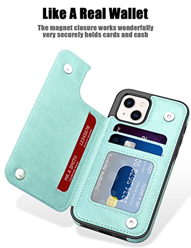 MMHUO for iPhone 13 Case Wallet Magnetic Back Flip Case for iPhone 13 Case for Women Girls with Card Holder Protective Case Phone Case for iPhone 13 6.1 Inches (2021),Mint