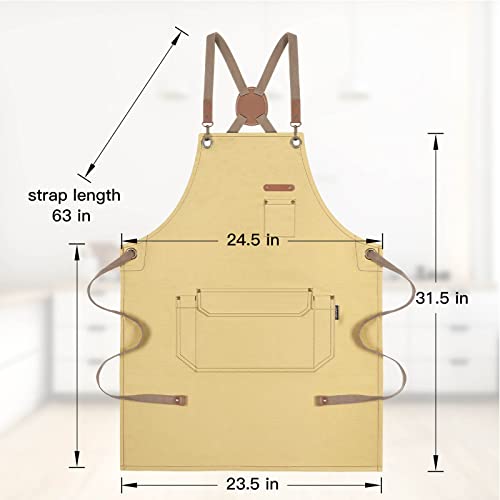 RockyToy Chef Apron with Cross Back Straps for Men Women, Cotton Canvas Apron for Artists Painting, Kitchen Cooking, Light Yellow