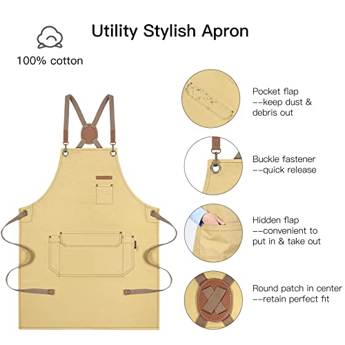 RockyToy Chef Apron with Cross Back Straps for Men Women, Cotton Canvas Apron for Artists Painting, Kitchen Cooking, Light Yellow