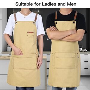 RockyToy Chef Apron with Cross Back Straps for Men Women, Cotton Canvas Apron for Artists Painting, Kitchen Cooking, Light Yellow