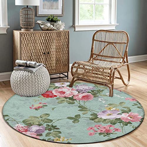 Luxury Soft Round Area Rug Home Decor for Bedroom Living Room Office, Shabby Chic Flowers Roses Pedals Dots Leaves Buds Spring Season Theme, Fashion Throw Rug Circle Carpet, 5ft Diameter
