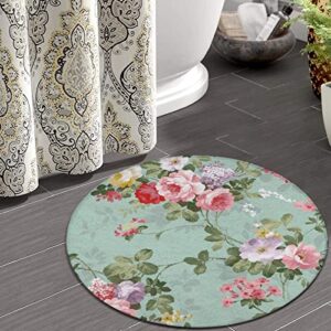 Luxury Soft Round Area Rug Home Decor for Bedroom Living Room Office, Shabby Chic Flowers Roses Pedals Dots Leaves Buds Spring Season Theme, Fashion Throw Rug Circle Carpet, 5ft Diameter
