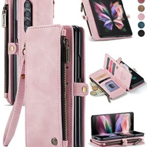 Defencase Wallet Lanyard Case for Galaxy Z Fold 3 - PU Leather, Flip, Zip Card Holder, Pink