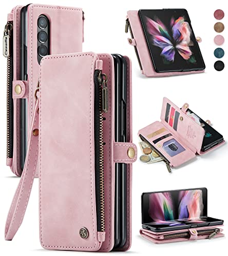 Defencase Wallet Lanyard Case for Galaxy Z Fold 3 - PU Leather, Flip, Zip Card Holder, Pink